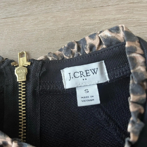 J. Crew Cheetah Print Woven Ruffle neck Pullover Black Sweatshirt Size Small - Picture 4 of 8